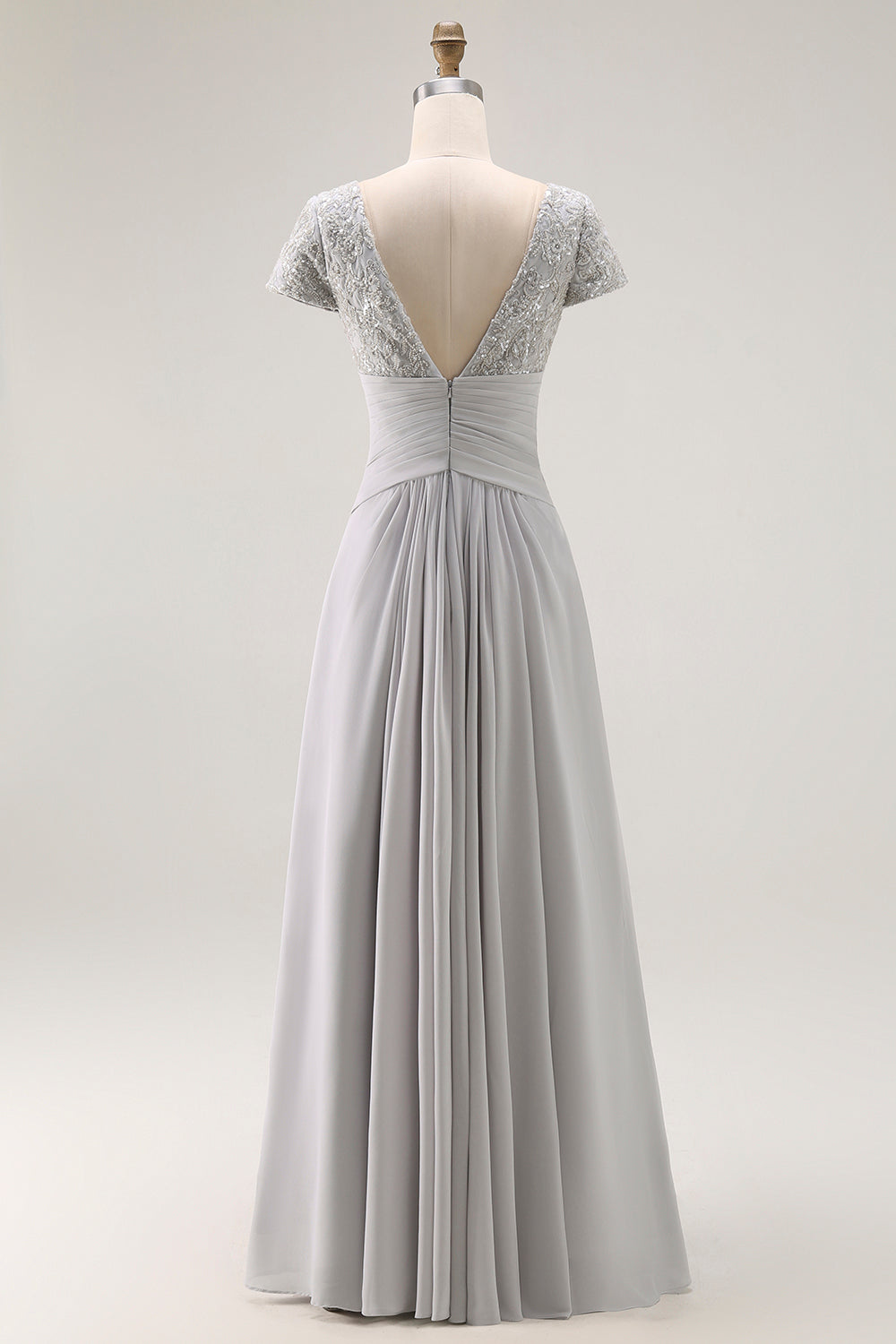 Silver Chiffon A Line Long V-Neck Mother of the Bride Dress with Appliques