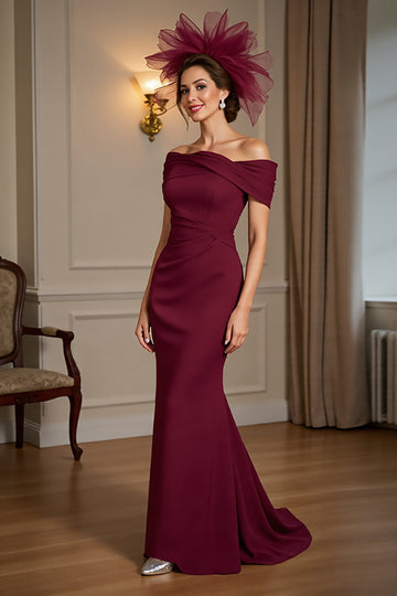 Burgundy Satin Off the Shoulder Mermaid Long Mother of the Bride Dress