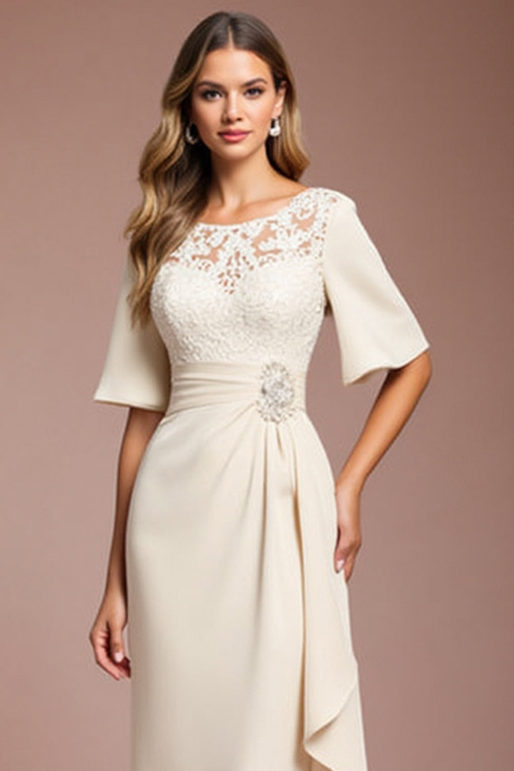 Apricot Ruffled Sheath Long Mother of the Bride Dress with Sleeves