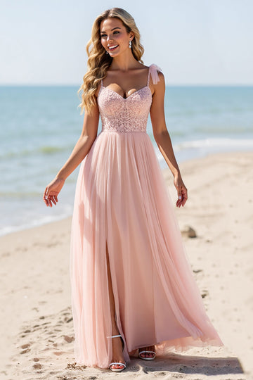 Blush Chiffon Spaghetti Straps Long Bridesmaid Dress with Appliques