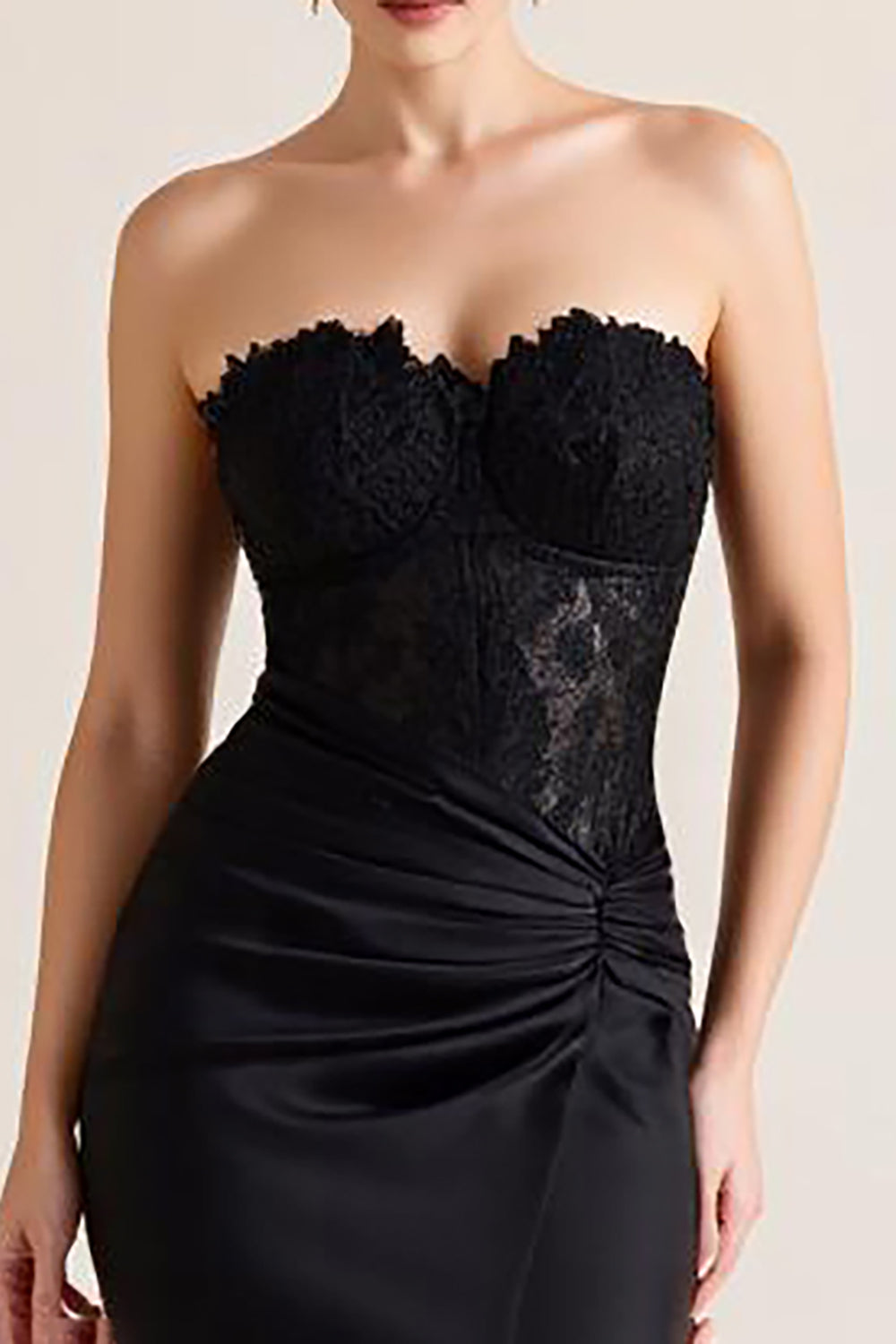 Black Strapless Appliqued Long Sheath Formal Dress with Slit