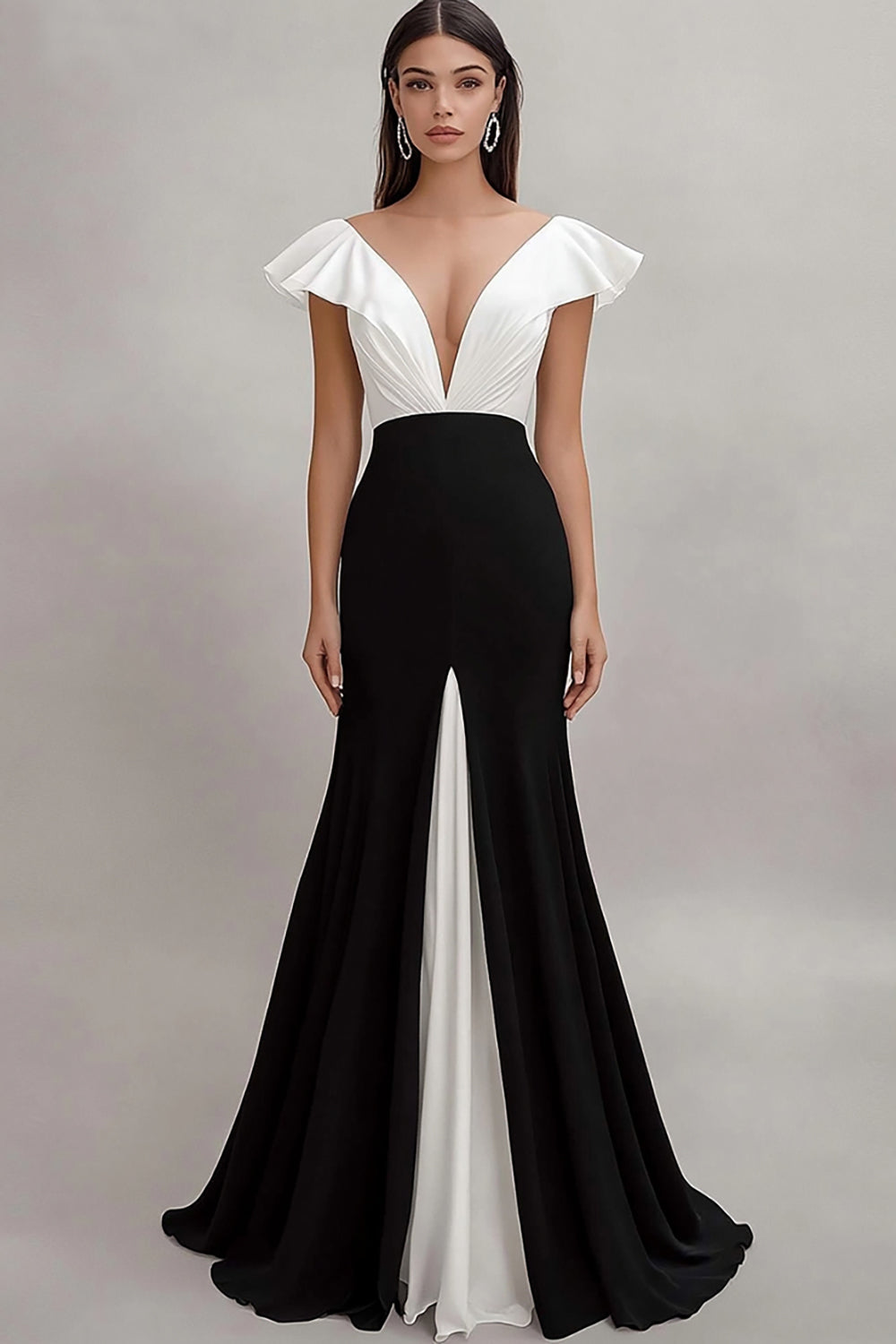 Black White A Line V-Neck Ruffled Long Formal Dress