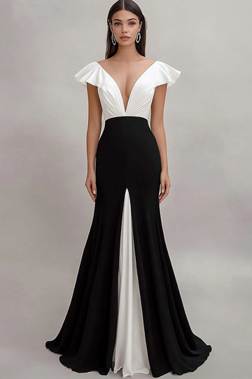 Black White A Line V-Neck Ruffled Long Formal Dress