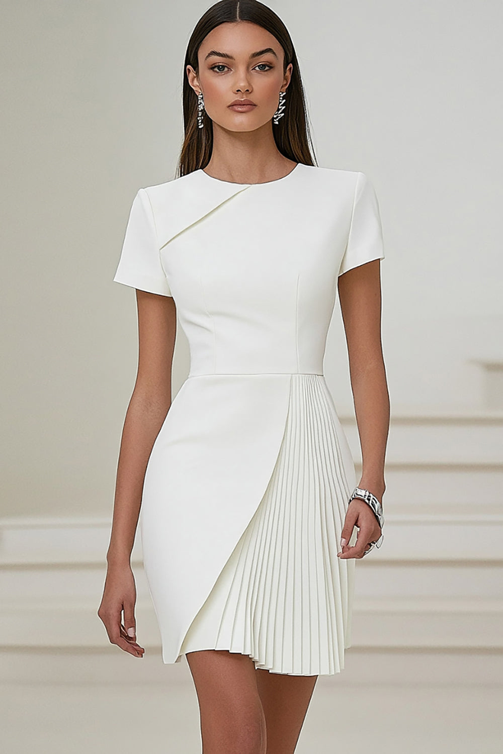 White Bodycon Round Neck Satin Short Sleeve Work Dress