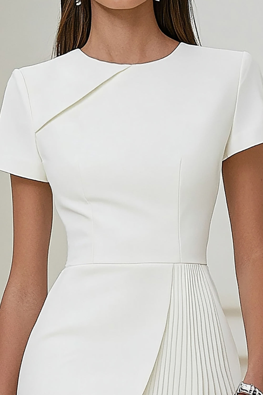 White Bodycon Round Neck Satin Short Sleeve Work Dress