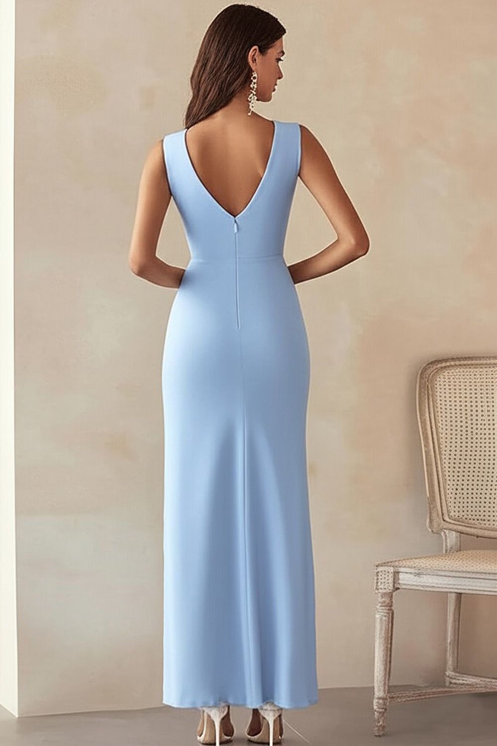 Sky Blue Satin Sheath Deep V-Neck Long Work Dress with Slit