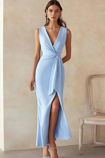 Sky Blue Satin Sheath Deep V-Neck Long Work Dress with Slit