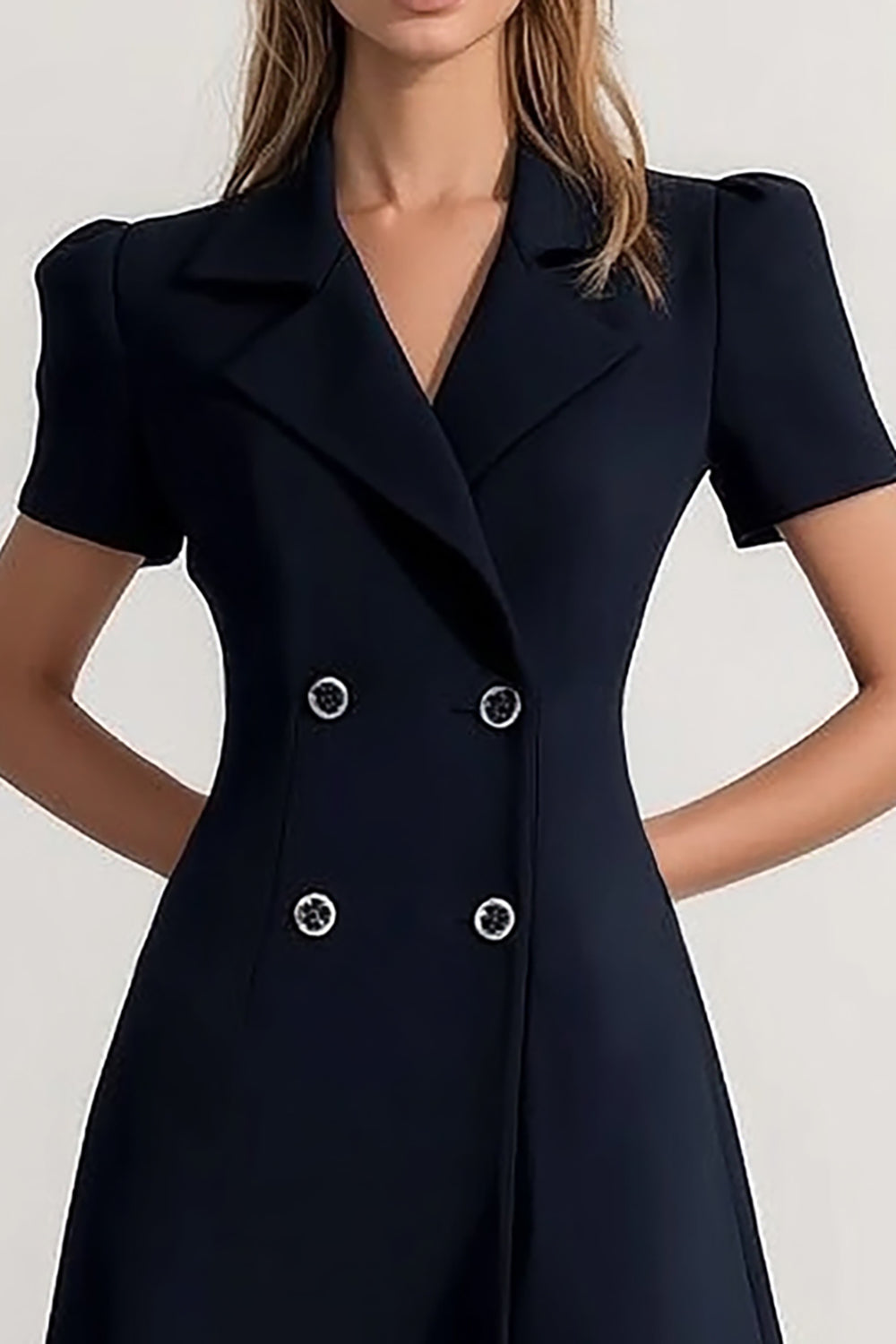 Navy A Line Notched Lapel Double Breasted Short Work Blazer Dress with Sleeves