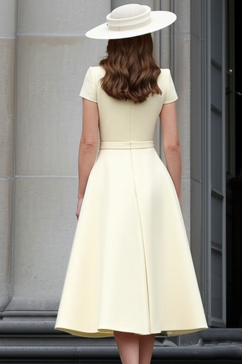 Daffodil A Line Satin Bateau Neck Midi Work Dress with Sleeves