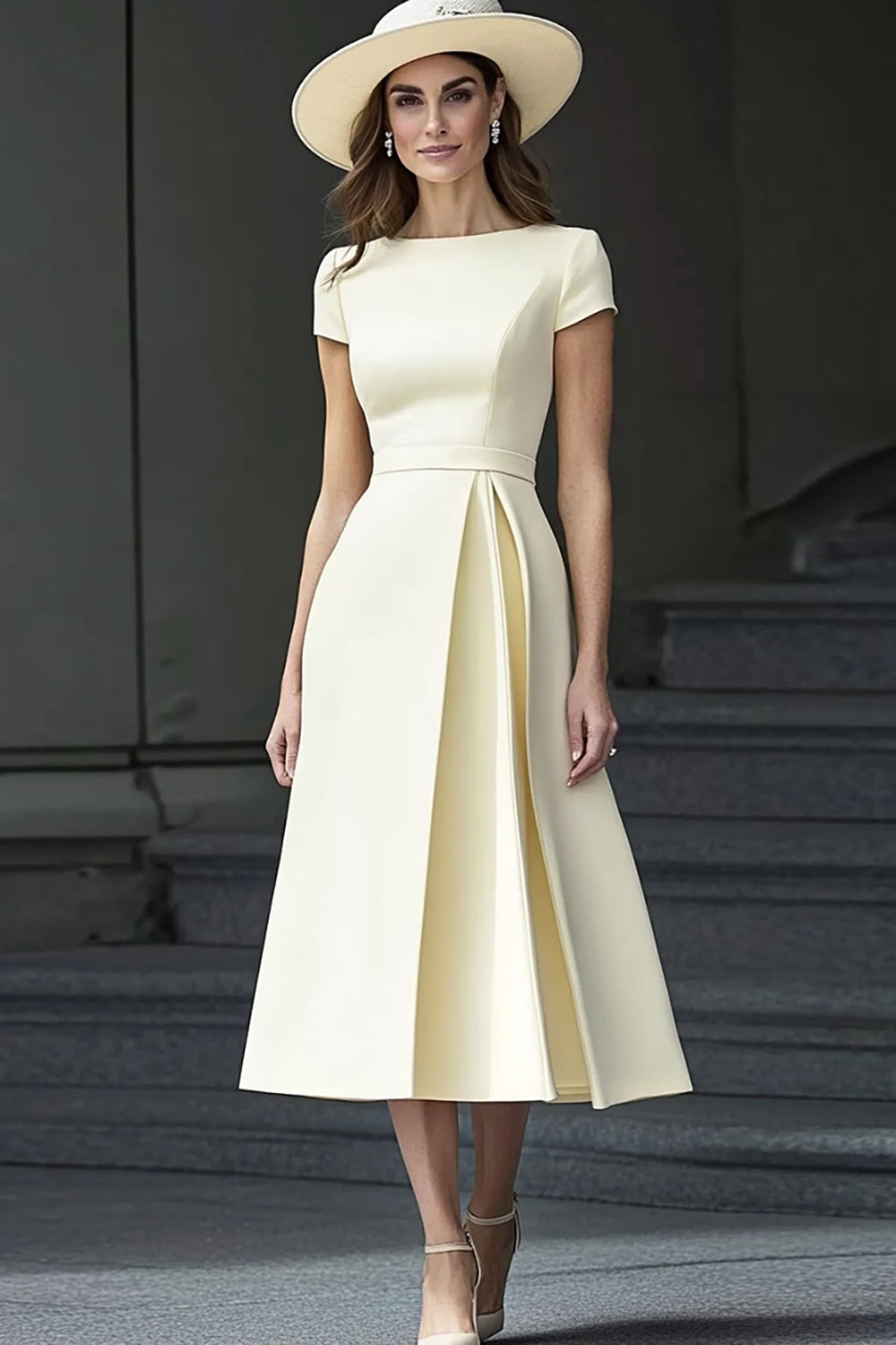 Daffodil Satin Bateau Neck A Line Midi Work Dress with Sleeves