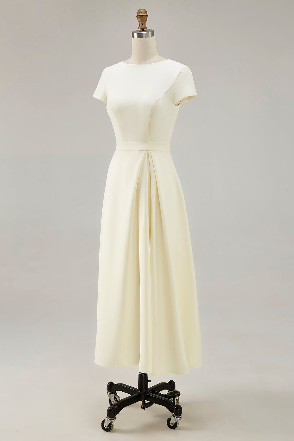 Dusty Blue Satin A Line Bateau Neck Midi Work Dress with Sleeves