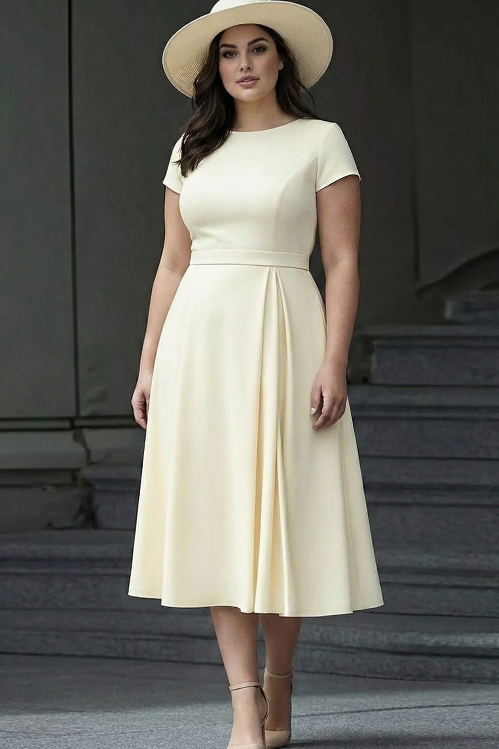 Dusty Blue Satin A Line Bateau Neck Midi Work Dress with Sleeves