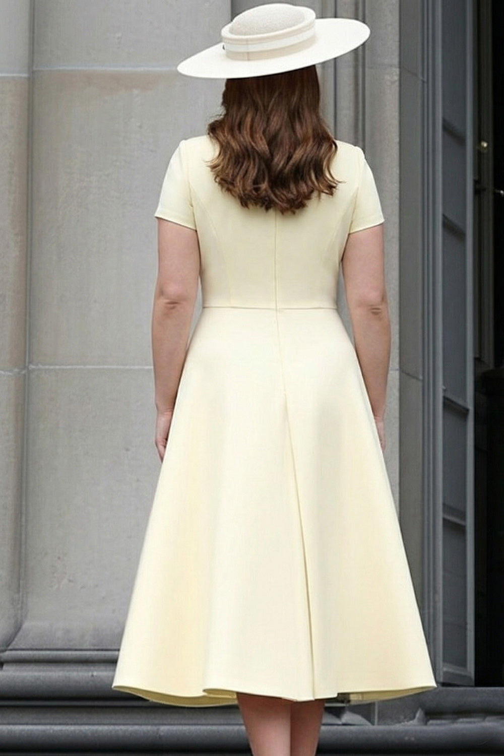 Daffodil Satin Bateau Neck A Line Midi Work Dress with Sleeves