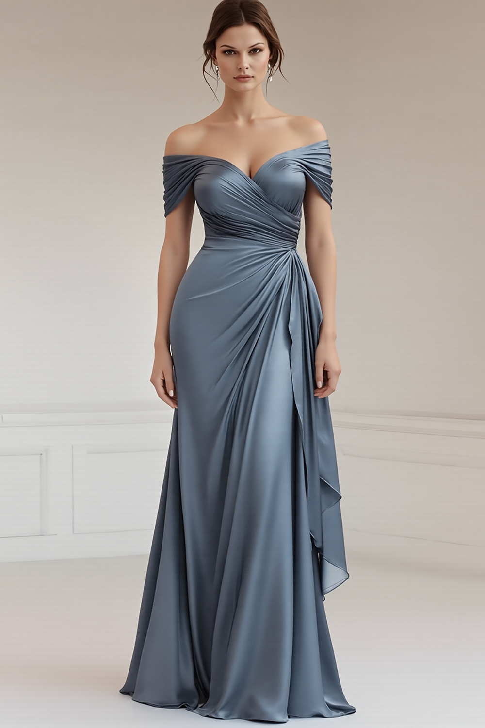 Grey Blue Satin Off the Shoulder Sheath Long Formal Dress