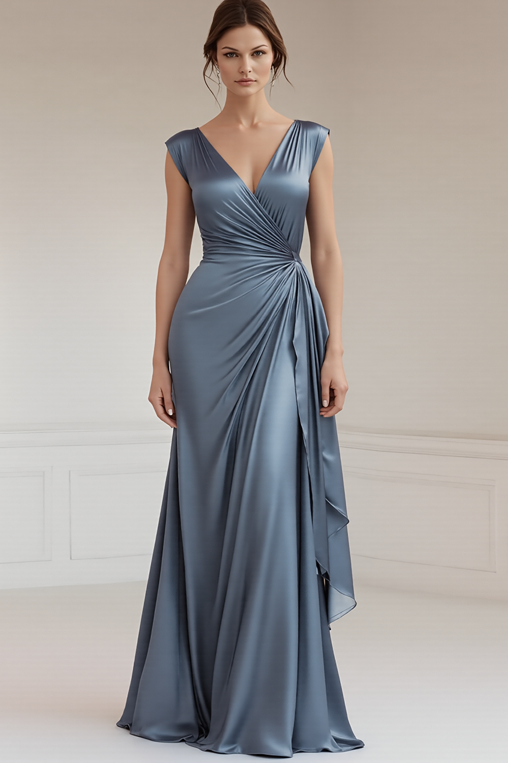 Peacock V-Neck Sheath Ruched Long Formal Dress with Ruffles