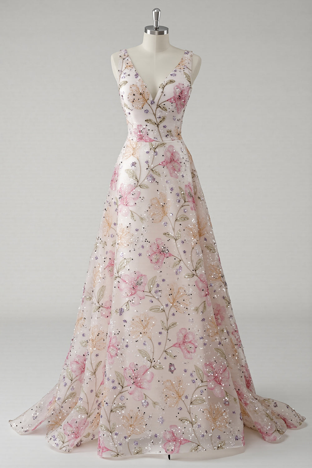 Sparkly Pink V-Neck Floral A Line Long Prom Dress with Beading