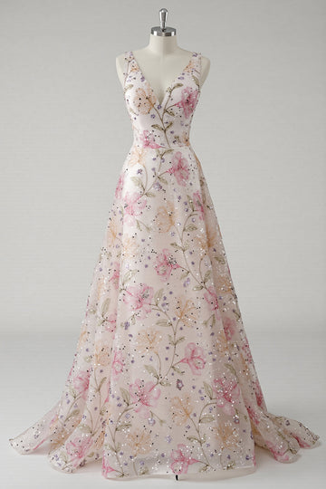 Sparkly Pink V-Neck Floral A Line Long Prom Dress with Beading