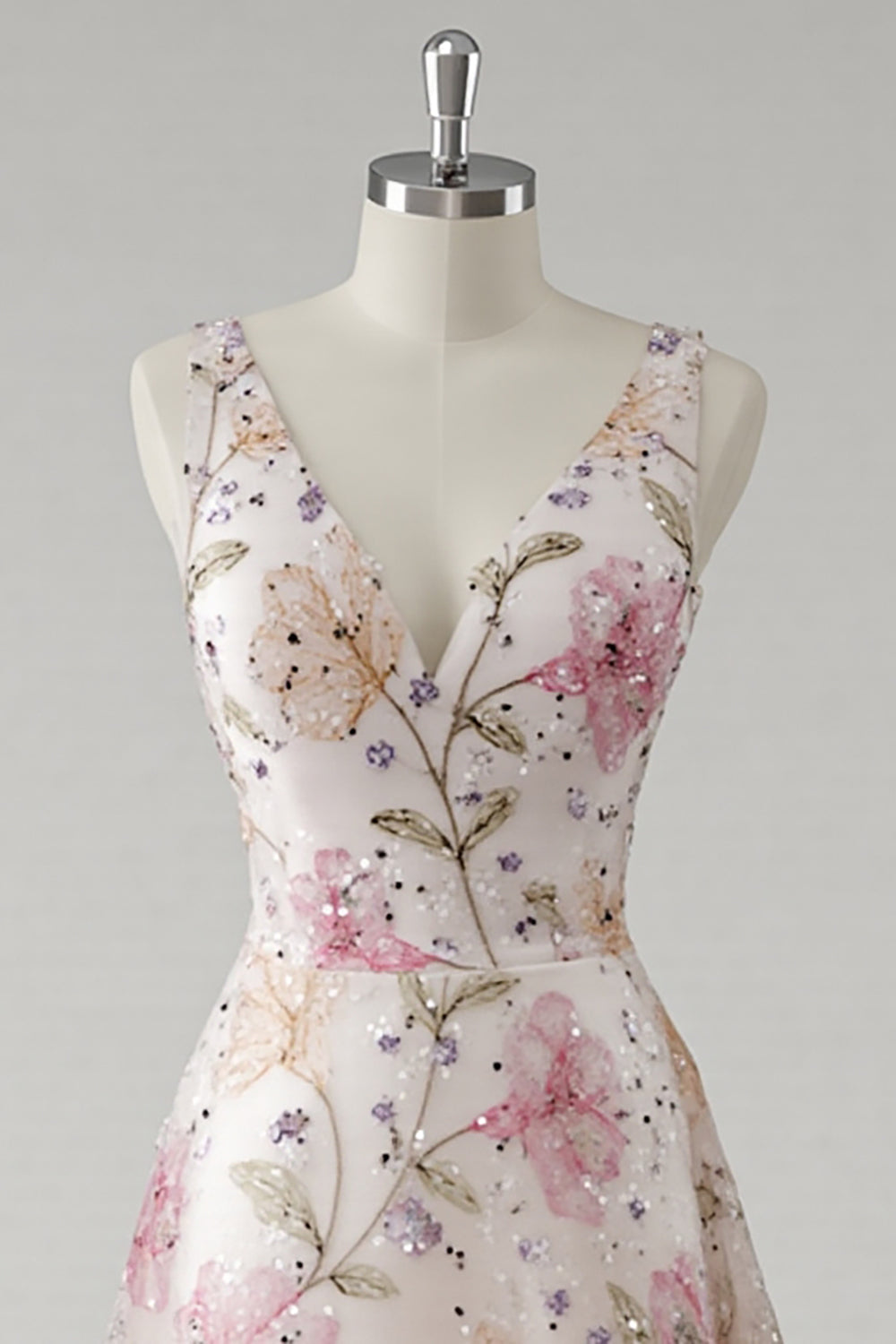 Sparkly Pink V-Neck Floral A Line Long Prom Dress with Beading