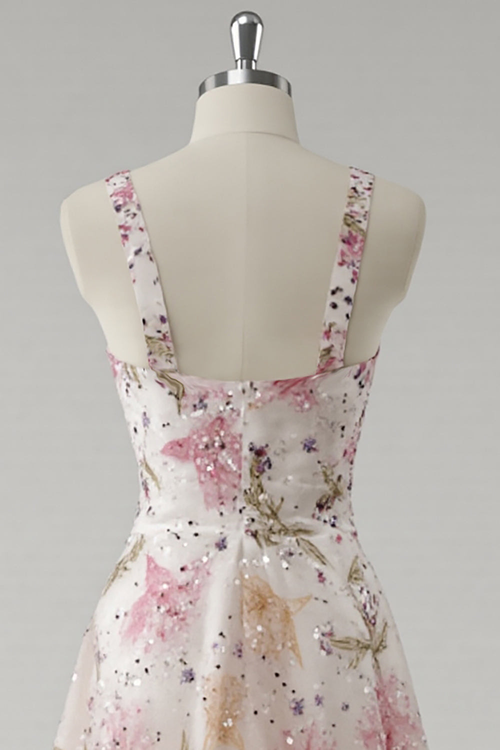 Sparkly Pink V-Neck Floral A Line Long Prom Dress with Beading