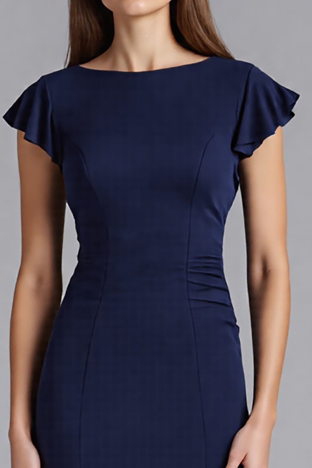 Navy Ruffled Sheath Satin Long Formal Dress with Cap Sleeves
