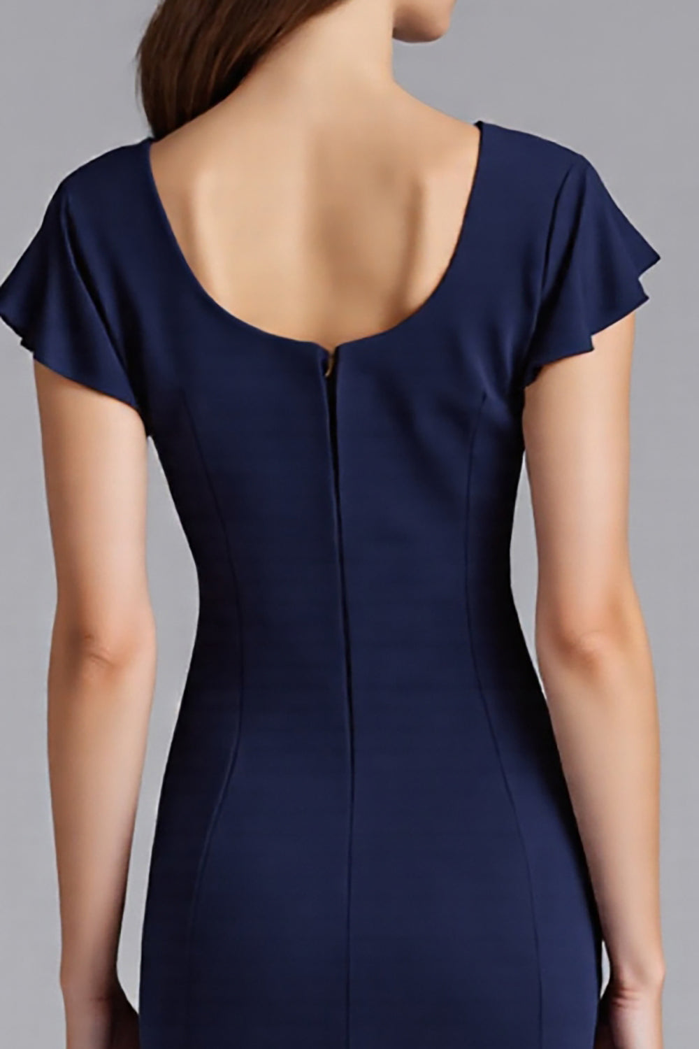Navy Ruffled Sheath Satin Long Formal Dress with Cap Sleeves