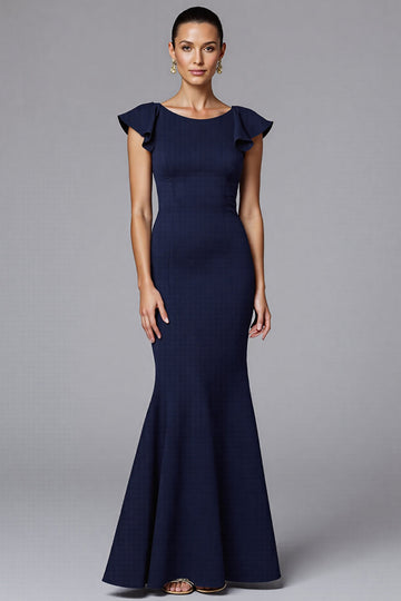 Elegant Navy Boat Neck Satin Long Formal Dress with Ruffles