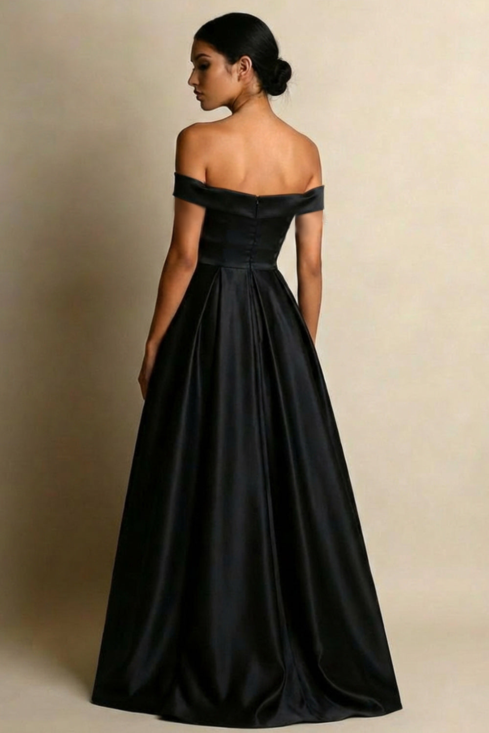 Black Satin A Line Off the Shoulder Long Formal Dress with Slit