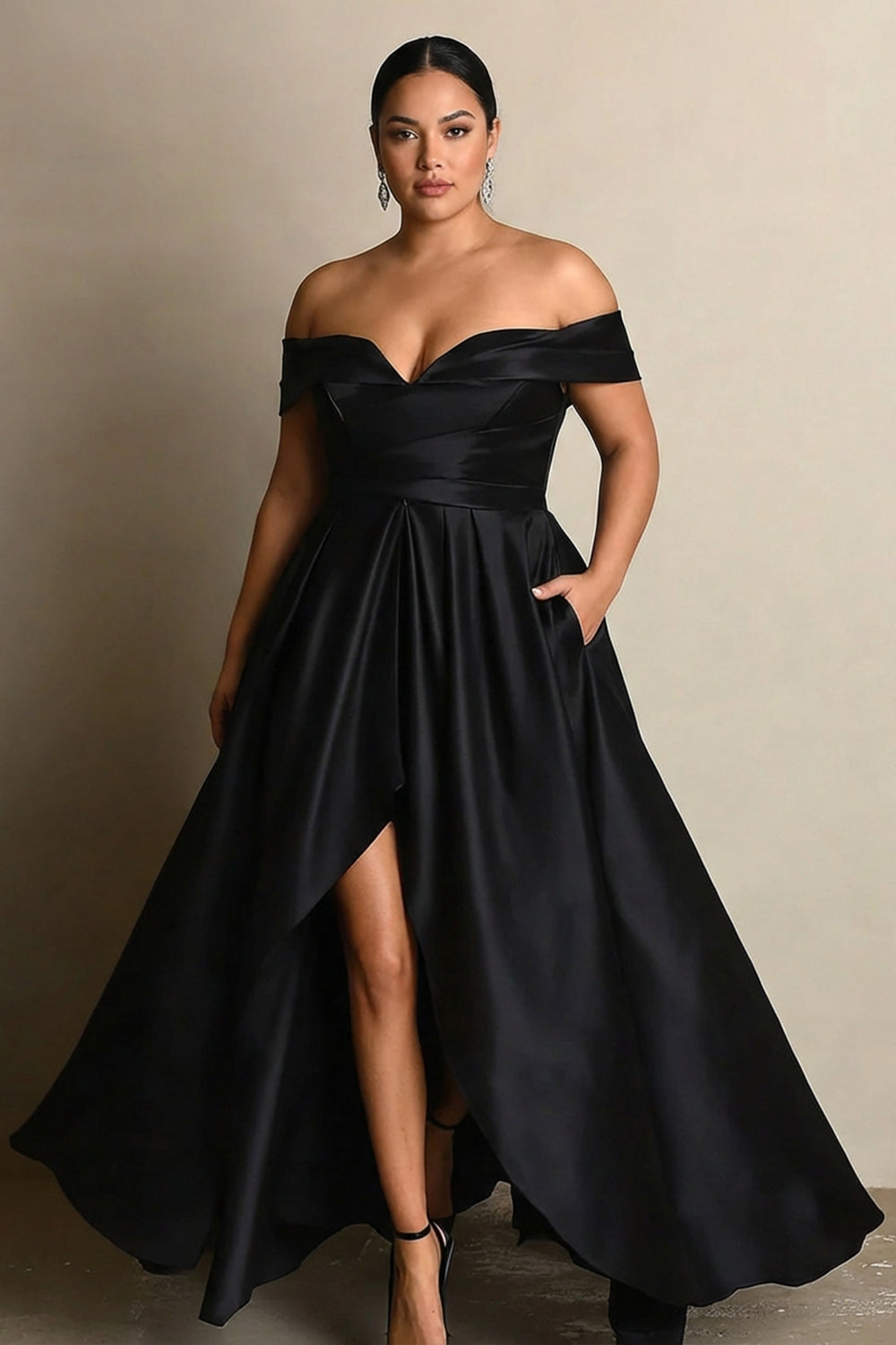 Black Satin A Line Off the Shoulder Long Formal Dress with Slit