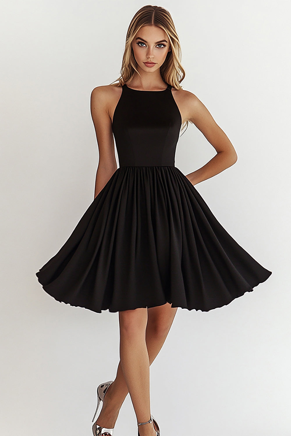 Black A Line Boat Neck Short Cocktail Dress