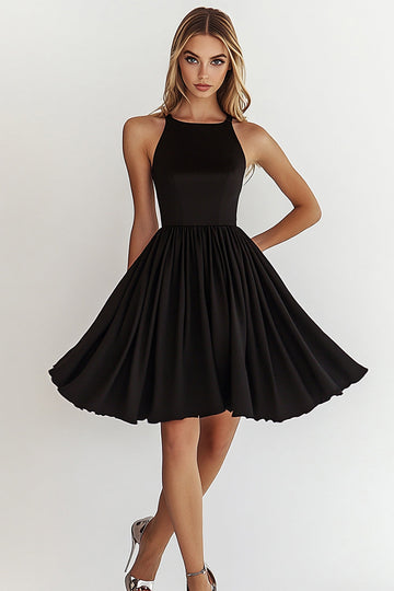 Black A Line Boat Neck Short Cocktail Dress