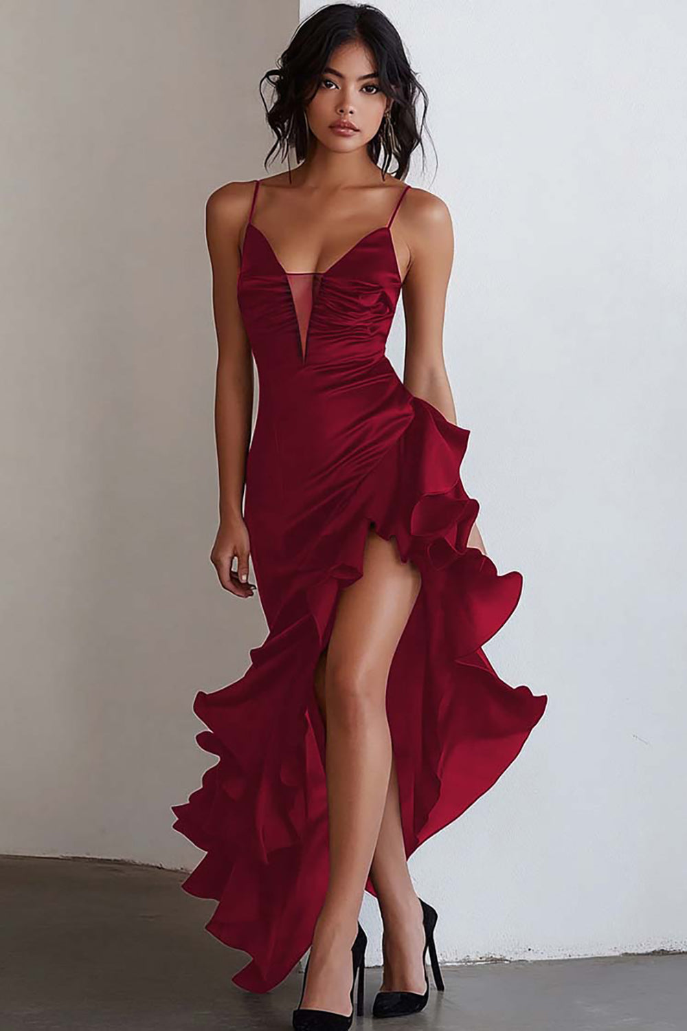 Black Spaghetti Straps Mermaid Ruffled High-Low Formal Dress