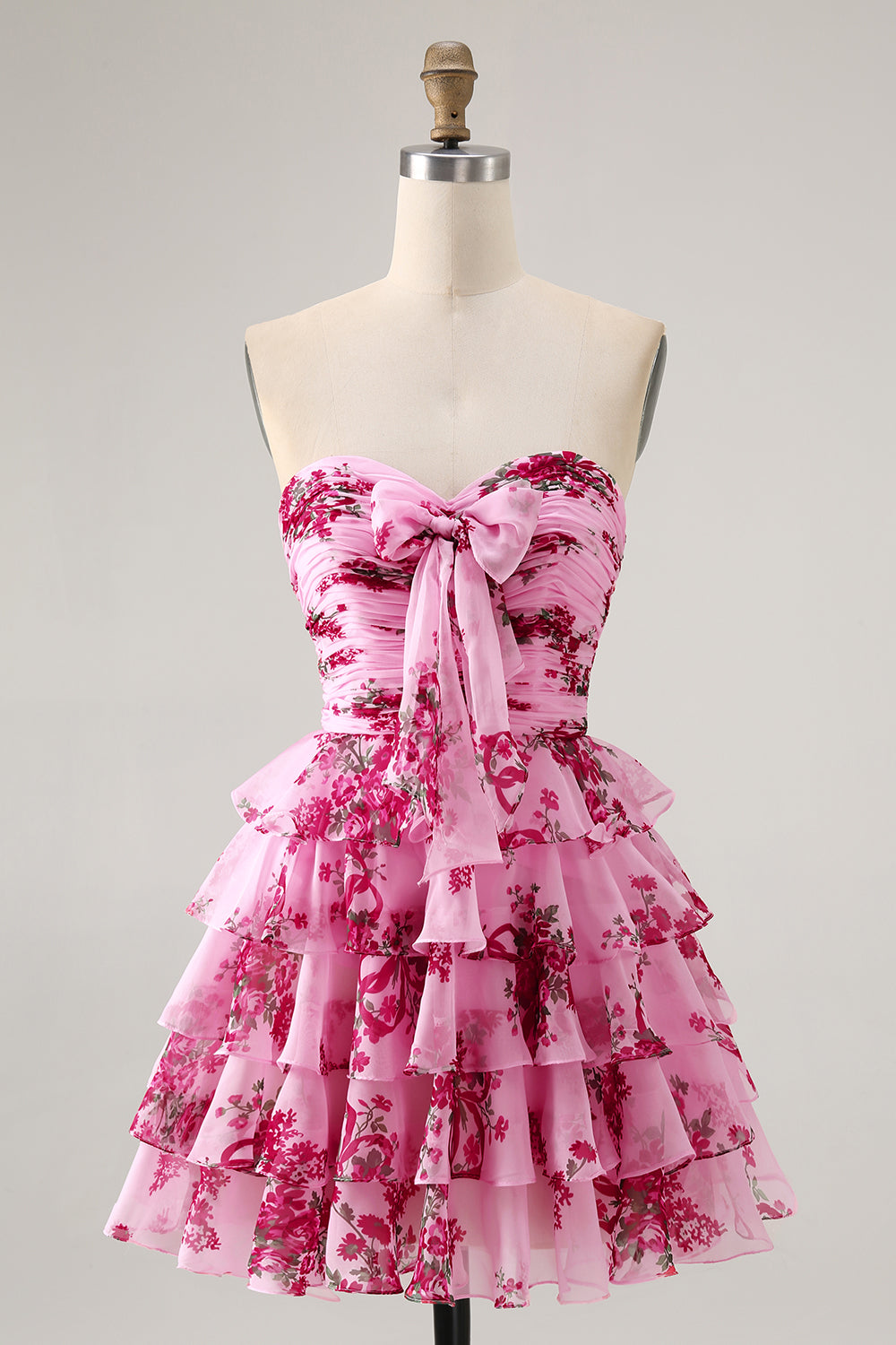 White and Blue Floral Bow Strapless Short Homecoming Dress with Ruffles