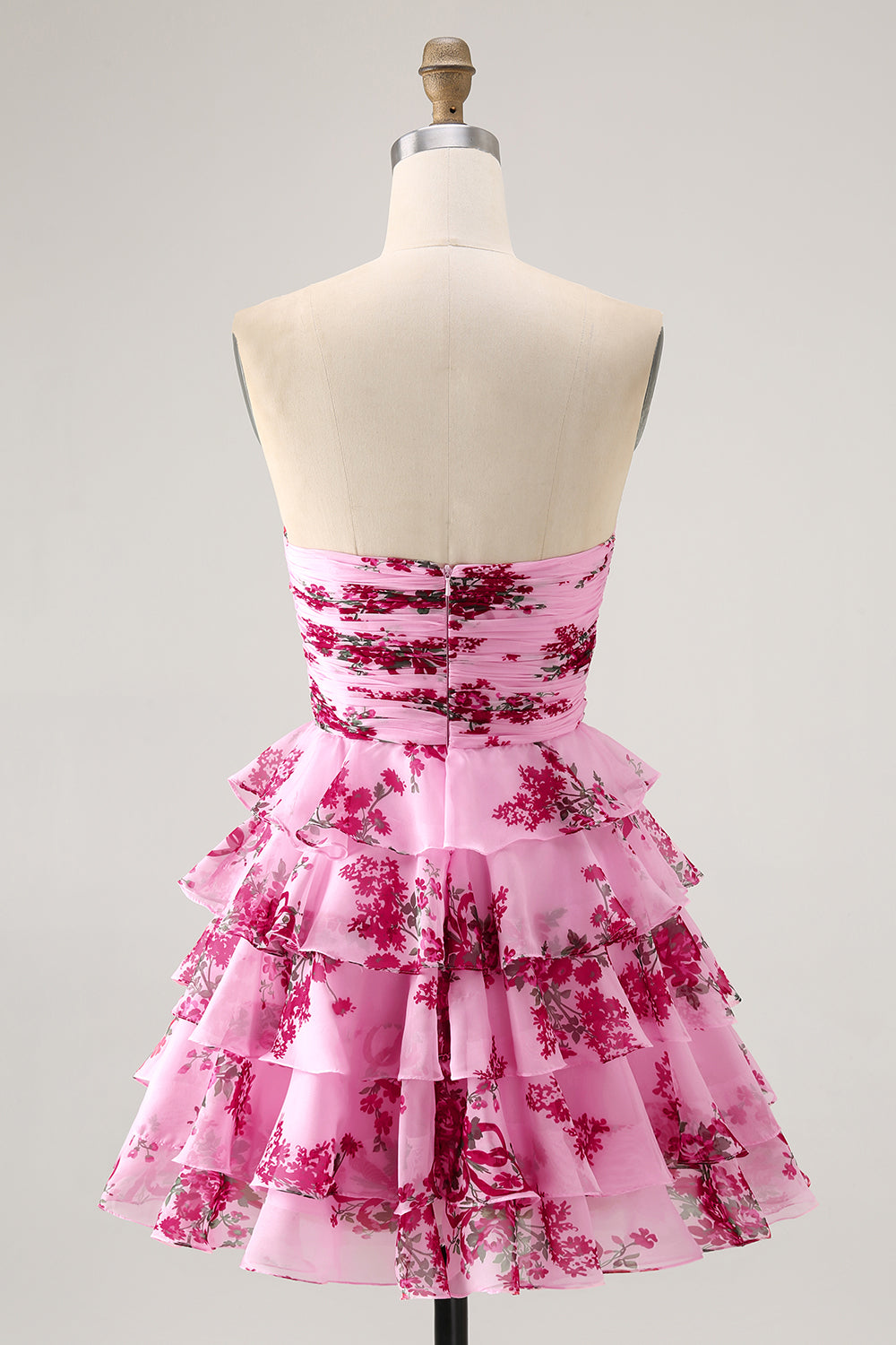 White and Blue Floral Ruffled Strapless Short Homecoming Dress with Bow