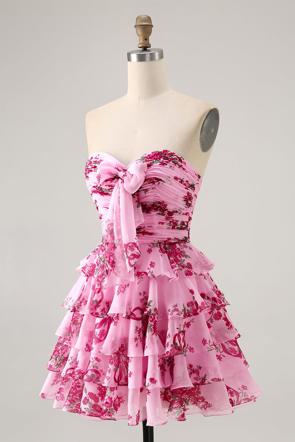 White and Blue Floral Bow Strapless Short Homecoming Dress with Ruffles