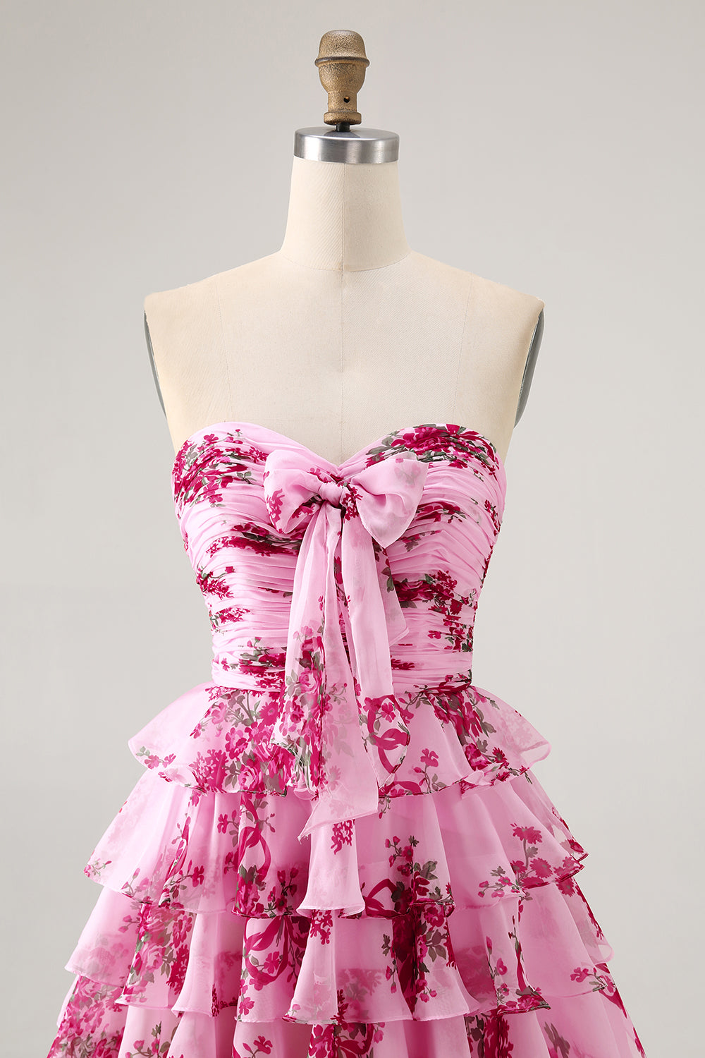 White and Blue Floral Ruffled Strapless Short Homecoming Dress with Bow