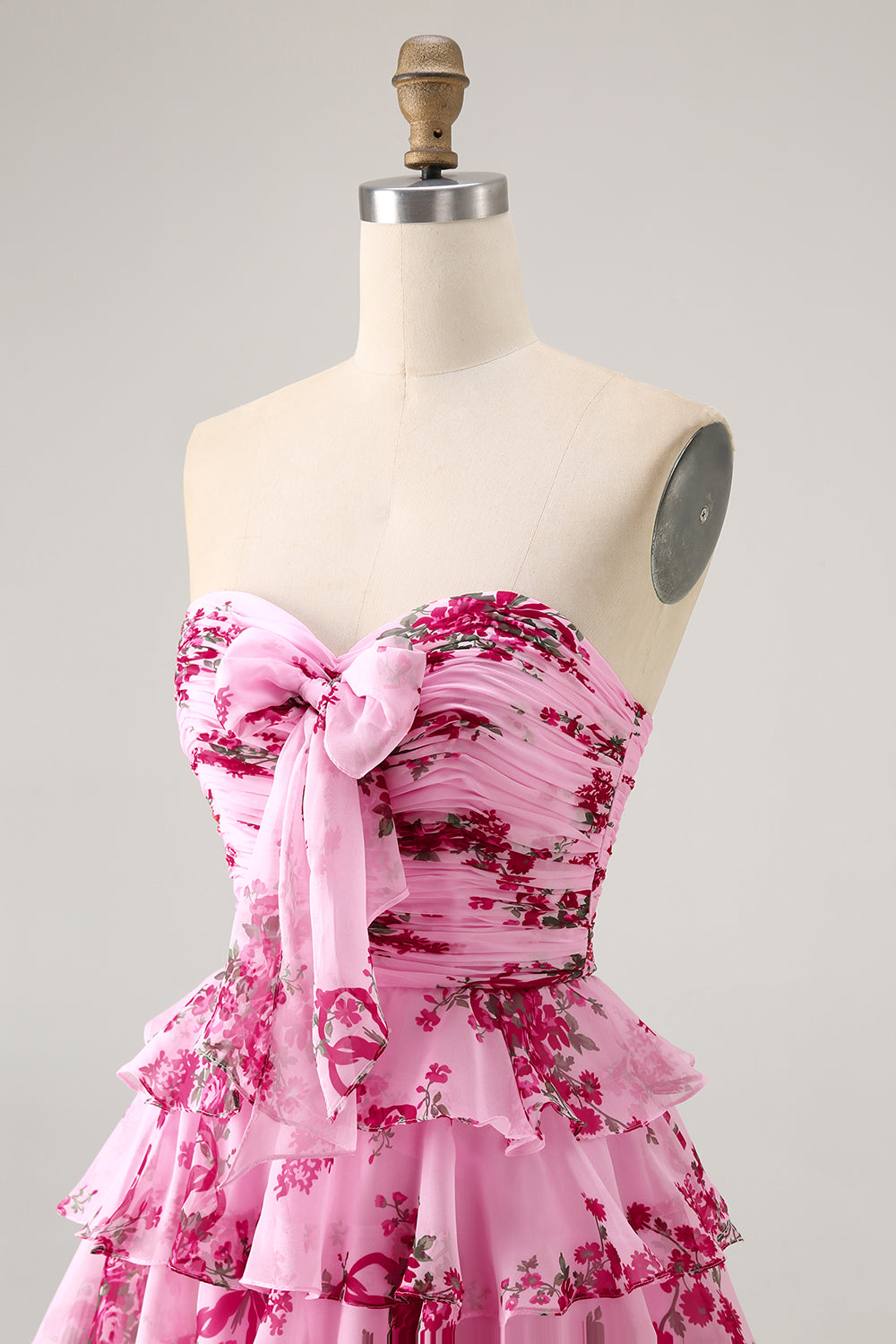 White and Blue Floral Ruffled Strapless Short Homecoming Dress with Bow