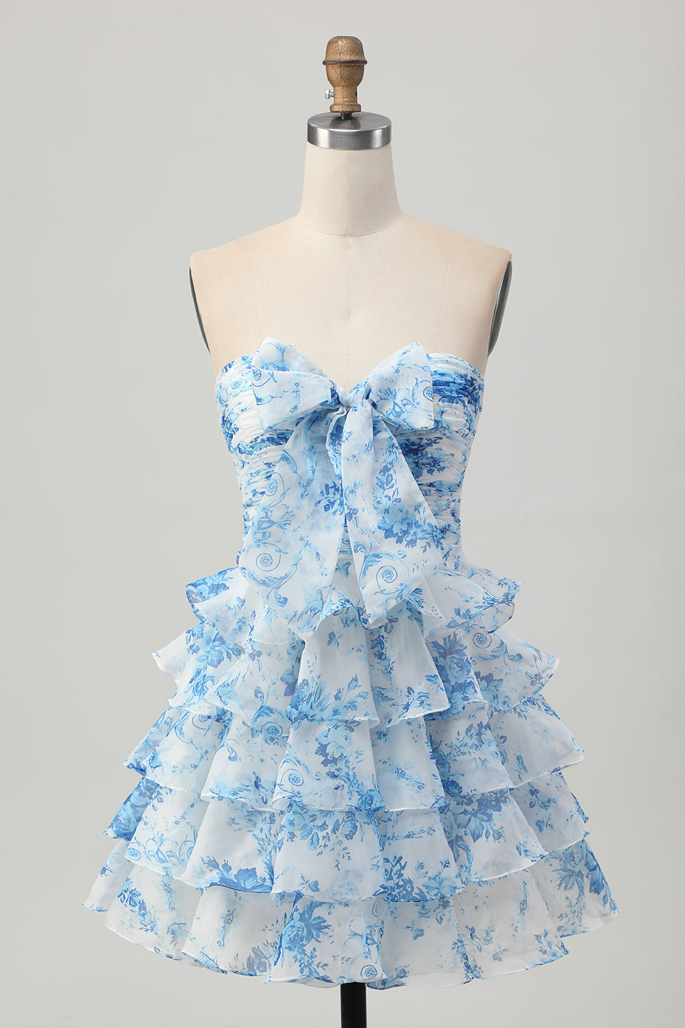 White and Blue Floral Ruffled Strapless Short Homecoming Dress with Bow