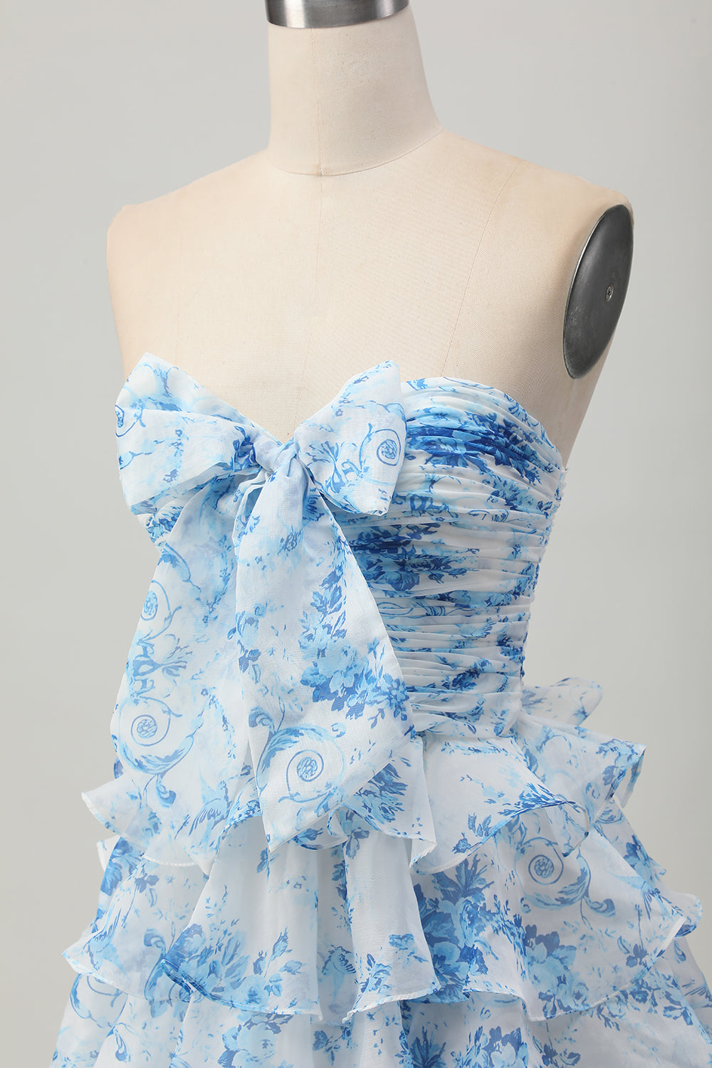 White and Blue Floral Ruffled Strapless Short Homecoming Dress with Bow