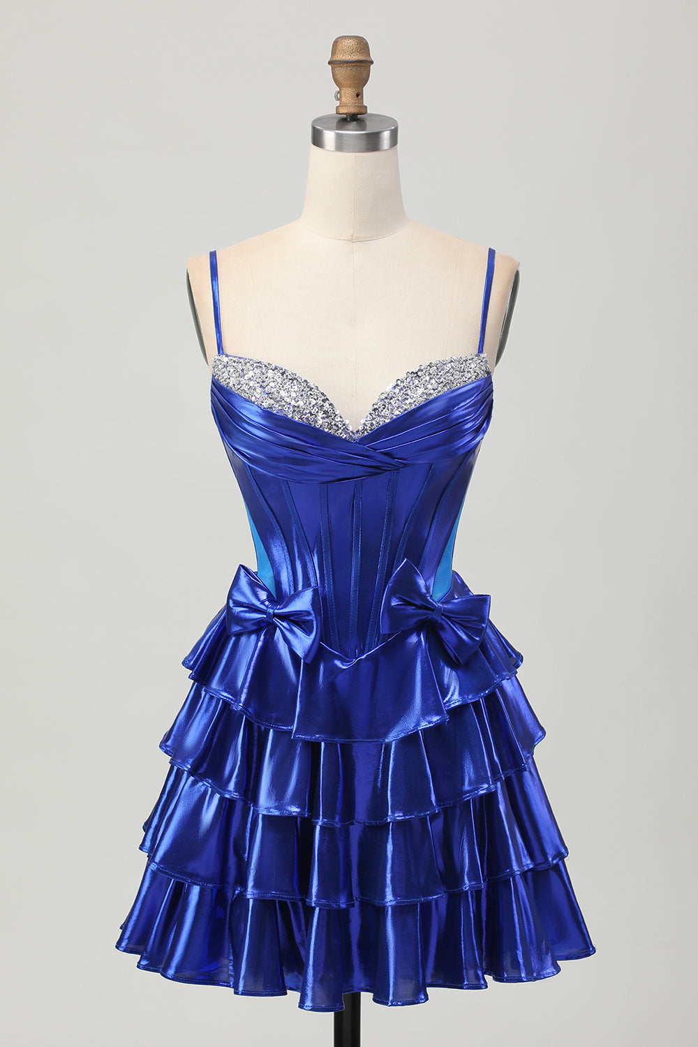 Sparkly Royal Blue Metallic Corset Ruffled Short Homecoming Dress with Bows