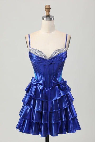 Sparkly Royal Blue Metallic Corset Ruffled Short Homecoming Dress with Bows