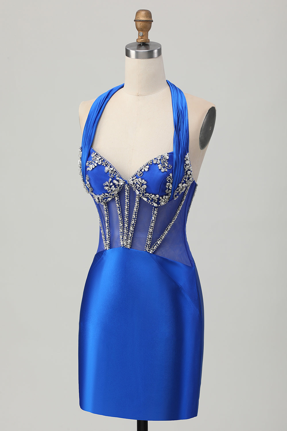 Sparkly Royal Blue Corset Halter Tight Short Homecoming Dress with Rhinestones
