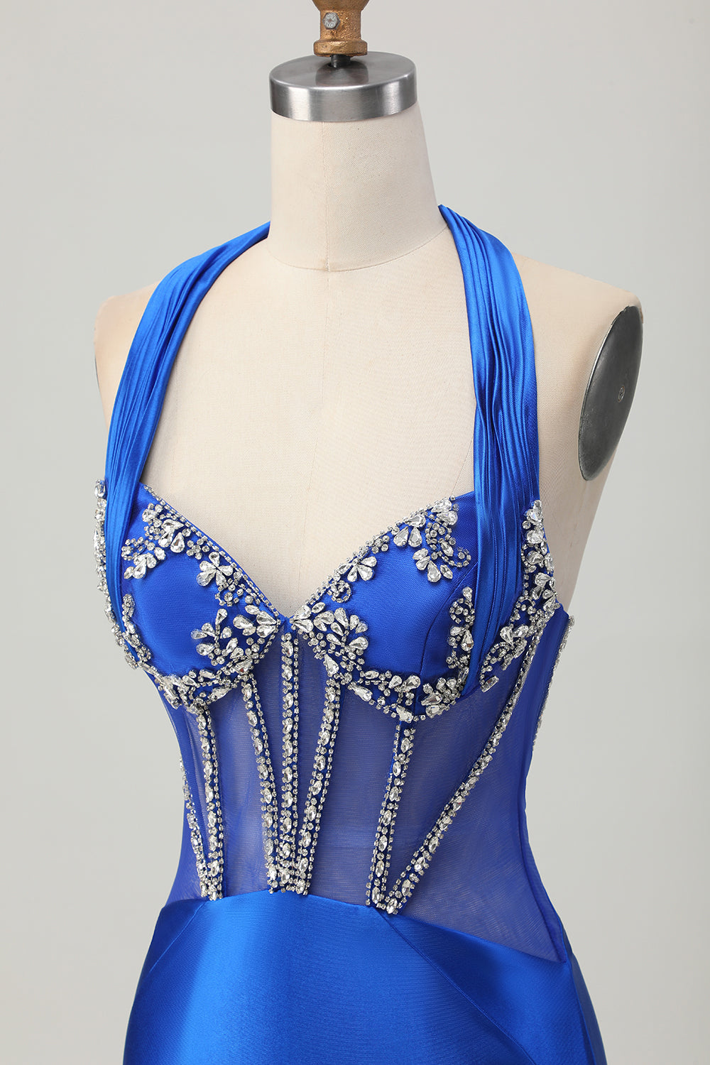 Sparkly Royal Blue Corset Halter Tight Short Homecoming Dress with Rhinestones