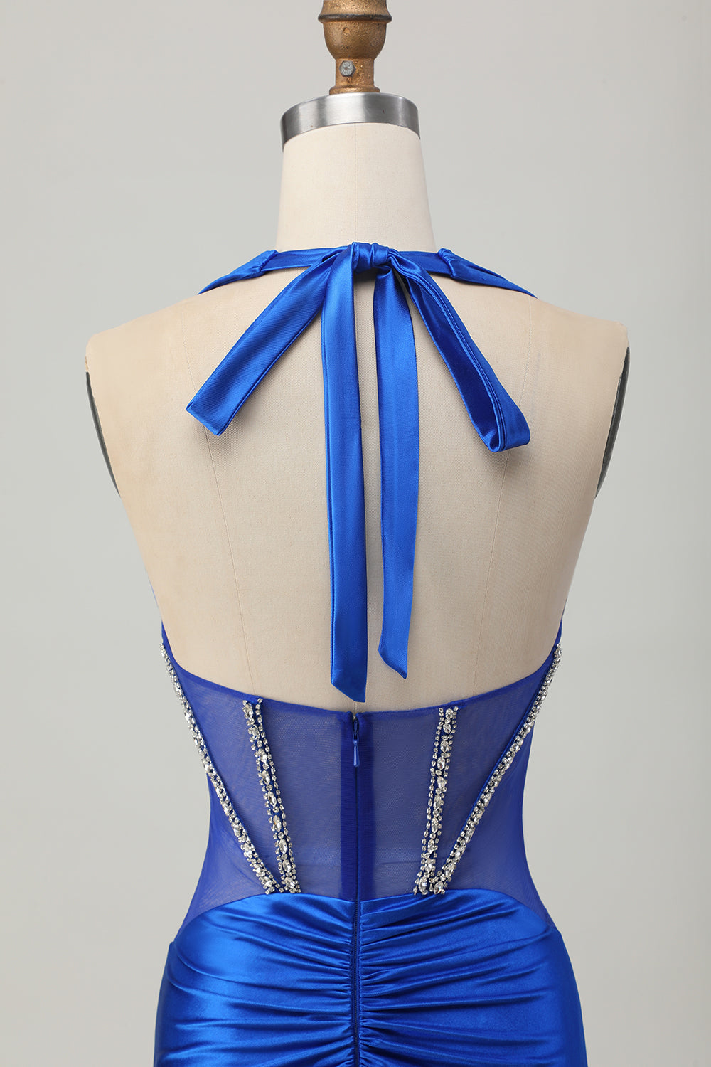 Sparkly Royal Blue Corset Halter Tight Short Homecoming Dress with Rhinestones