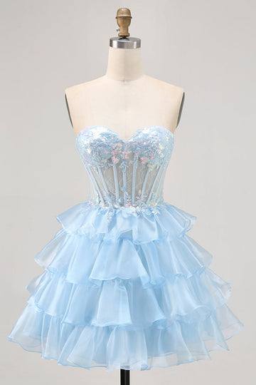 Sparkly Blue Sweetheart Ruffled Short Corset Homecoming Dress with Lace