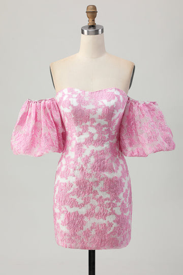 Pink Jacquard Floral Strapless Detachable Sleeves Tight Short Homecoming Dress