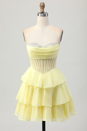 Sparkly Yellow Ruffled Corset Sweetheart Short Homecoming Dress with Beading