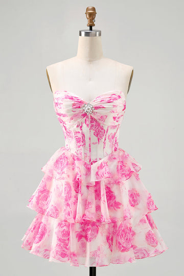 Sparkly Fuchsia Floral Short Corset Homecoming Dress with Rhinestones
