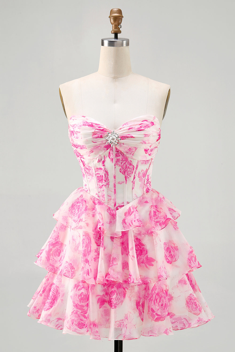 Sparkly Fuchsia Floral Short Corset Homecoming Dress with Rhinestones