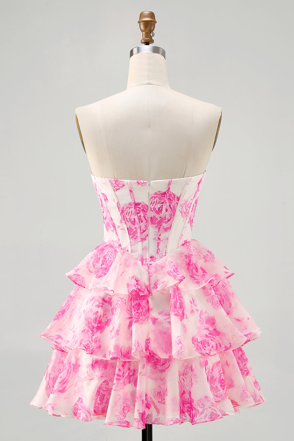 Sparkly Fuchsia Floral Short Corset Homecoming Dress with Rhinestones