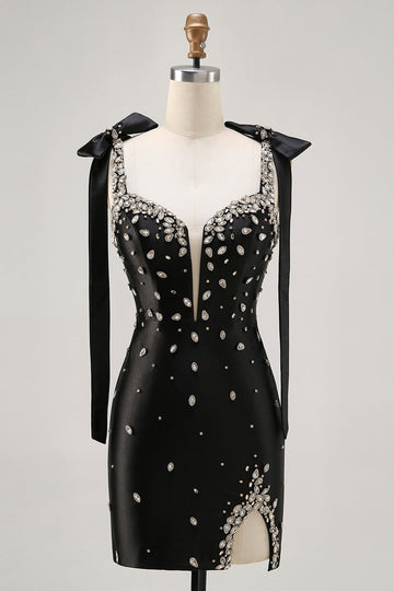 Sparkly Black Satin Tight Short Homecoming Dress with Rhinestones
